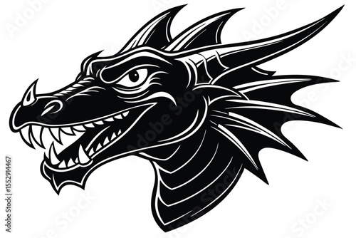 Ferocious dragon head with sharp teeth in monochrome black and white style looks threatening