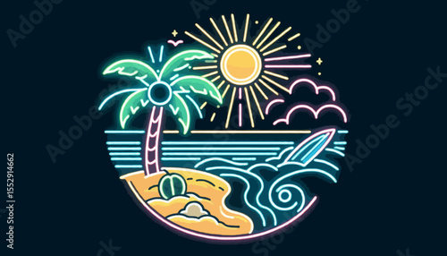 Vector illustration of a tropical island beach with palm trees, sun, and ocean waves, perfect for a summer holiday background