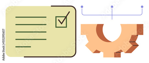 Checklist with tick, text details next to interconnected gear components. Ideal for planning, productivity, decision-making, teamwork, process improvement, task automation, simple flat metaphor