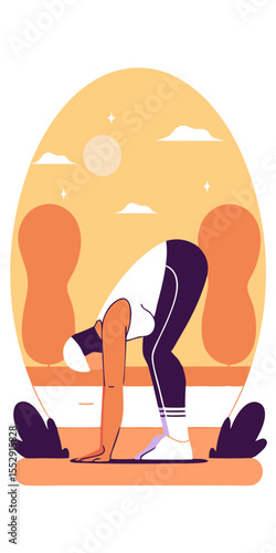 Lifestyle portrait of mid-adult Middle Eastern woman in white hijab and athletic wear performing forward bend stretch on waterfront promenade during serene golden sunrise.