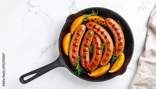 Delicious Grilled Sausages with Orange Slices and Rosemary in Cast Iron Skillet