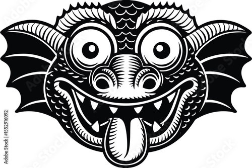 Black and white dragon face boldly sticks out its tongue with a playful expression