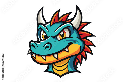 Cartoon dragon head shows a sly smirk with sharp teeth on a white background