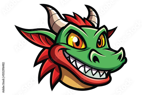 Cartoon green dragon head shows an evil toothy grin with bright orange eyes