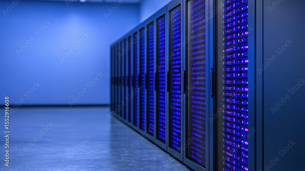 Fototapeta premium Modern Data Center with Rows of Servers and Blue LED Lights Illuminating the Room in a High-Tech Environment for Technology Solutions