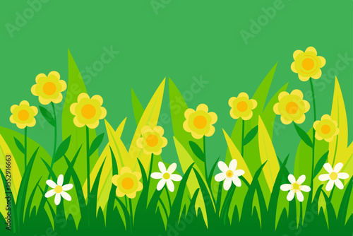 A vibrant spring meadow bursts with a colorful array of grass and daffodils, embodying the essence of nature's floral embrace under the open sky