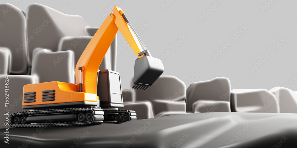 Naklejka premium 3d mining industry, excavator working in quarry, heavy industrial machinery. Render cartoon landscape of mineral extraction, sand, gravel, crushed stone, coal on career open pit mine. 3D illustration
