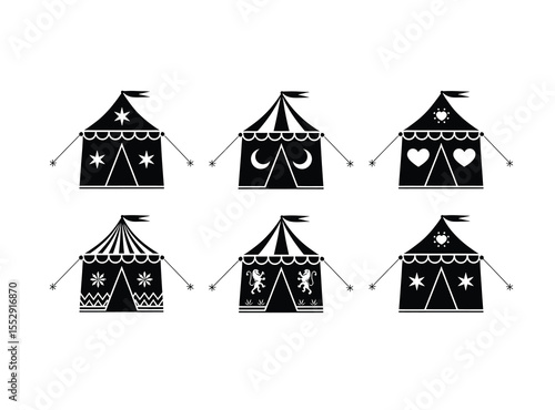 Medievel tents vector icons set in black color with white background.