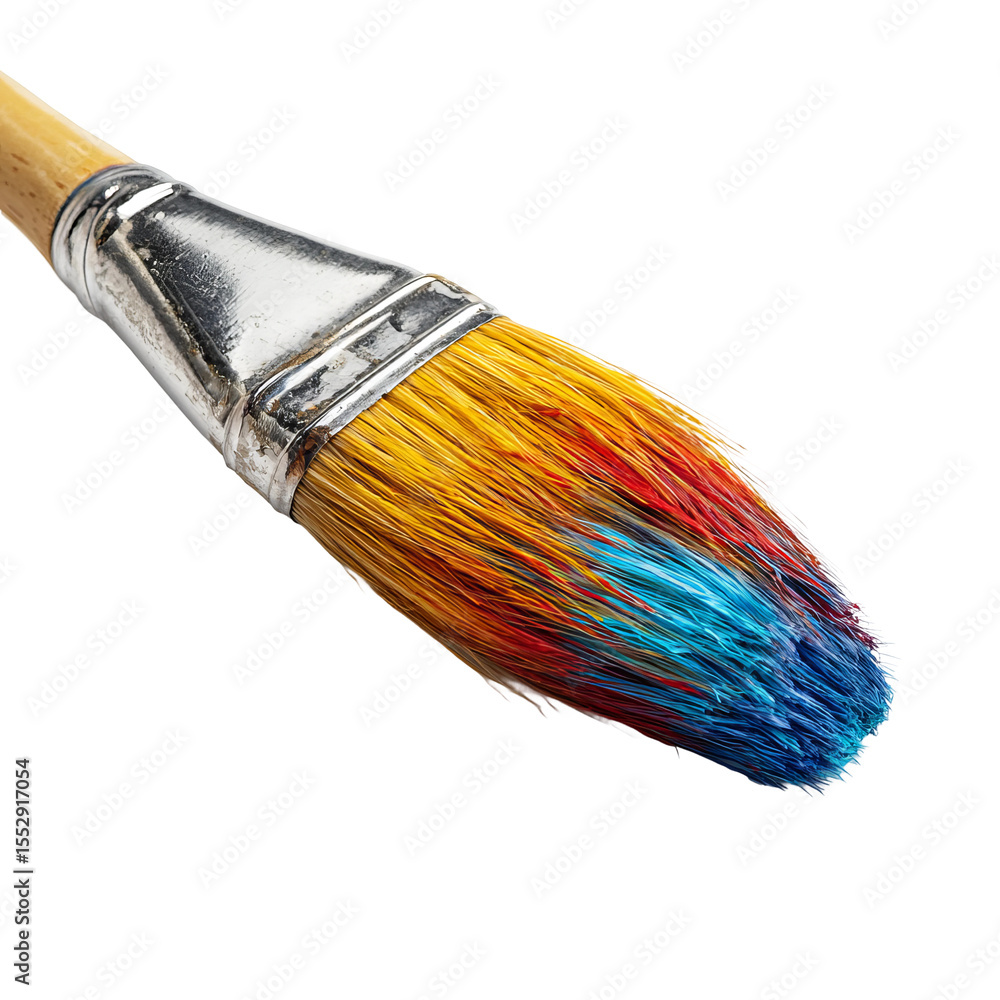 Fototapeta premium Close-up view of a paintbrush with vibrant paint colors on its bristles. The paintbrush has a wooden handle and a metallic ferrule