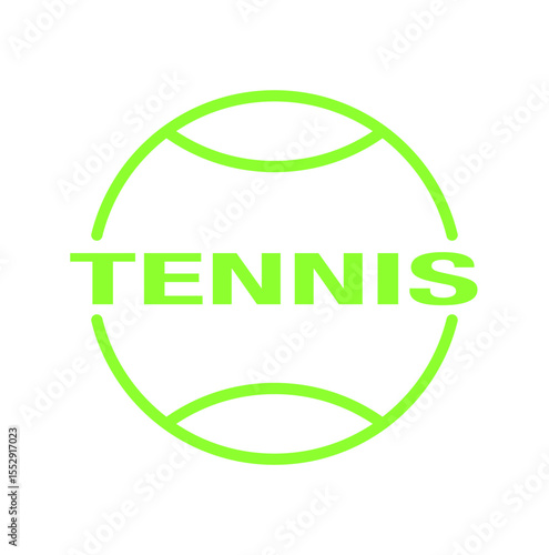 Green tennis ball outline with bold word TENNIS in center on white background, minimal sport icon for design and print.