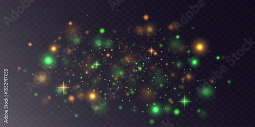 Christmas glitter dust glare. Green and gold stars shine with special light. White star flashes with glitter glare on transparent background.