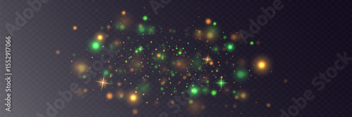 Christmas glitter dust glare. Green and gold stars shine with special light. White star flashes with glitter glare on transparent background.