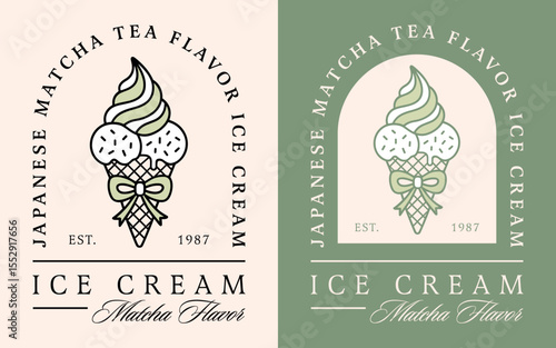 Matcha ice cream green tea flavor Japanese sweet dessert kawaii summer aesthetic logo label sticker. Fancy coquette cone swirl scoops cornet bow text illustration girl shirt design poster card print.