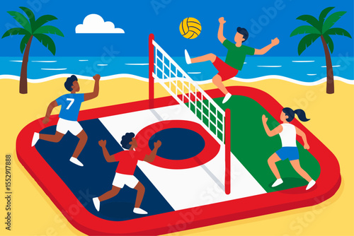 Bossaball vibrant beach scene. Colourful dynamic sport illustration. New combination type of sport