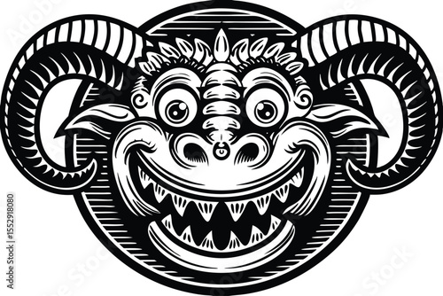 Black and white design displays a mischievous demon face with spiral ram horns