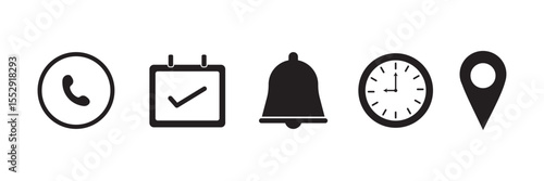 Notification, phone, time, date, location, place of event. Set of vector linear icons illustrations isolated on white background.