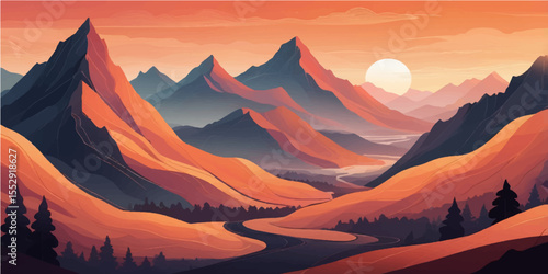 Mountain landscape at dawn or dusk, with sunlit peaks under a vast sky