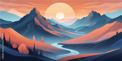 A beautiful mountain landscape at sunrise or sunset offers a stunning view of nature's red and orange sky