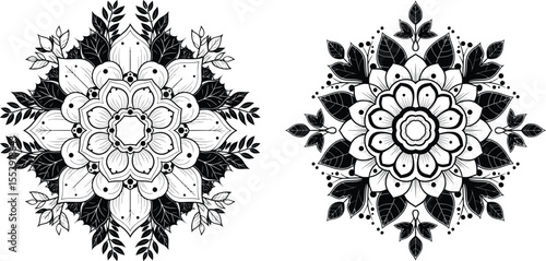 Decorative floral mandala design with leaves and petals in detailed black and white outline