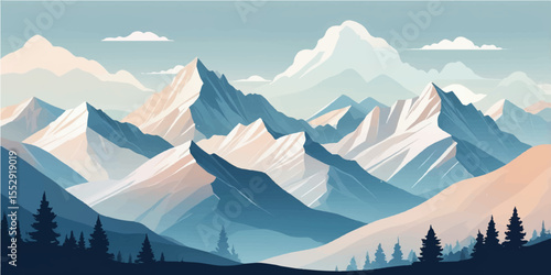 Winter sunrise over a panoramic mountain landscape with snow-capped peaks and foggy forests under a cloud-kissed sky