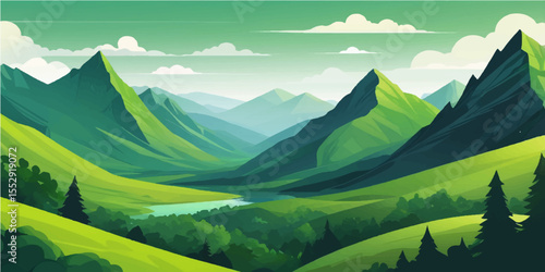 Scenic mountain landscape panorama with green valleys and snow-capped peaks under a cloudy sky