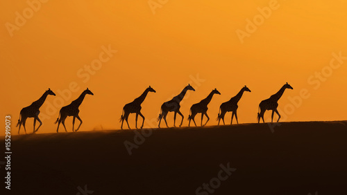 herd of giraffes walking single file across the crest of a dune in Namibia