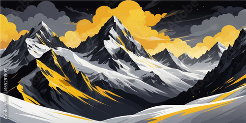 Yellow and red flags flutter against a panoramic winter mountain landscape under a cold sky