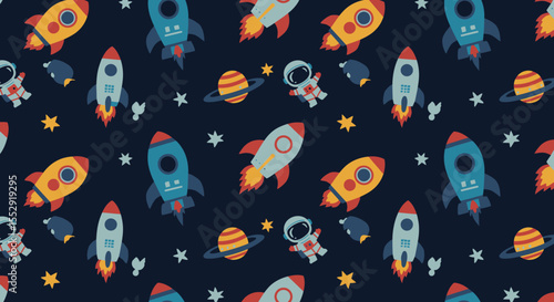 Cute Cartoon Style Space Rocket Seamless Pattern for Kids Fabric