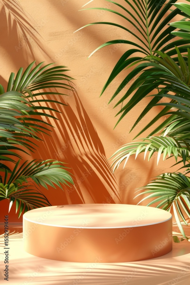 Fototapeta premium Peach-colored background with podium and palm shadows in soft sunlight