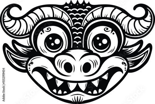 Balinese Barong mask showcases intricate linework, prominent eyes, horns, and sharp teeth