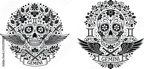 Gemini Zodiac Sign Sugar Skull with Wings and Swords Tattoo Design