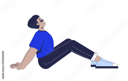 Relaxed latino man sitting on floor leaning back 2D cartoon character. Casual rest. Peaceful break. Leisure time. Laidback hispanic guy flat vector person isolated on white. Spot illustration colorful