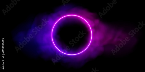 Neon pink circle with smoke. Vector purple ring glowing in clouds. Abstract realistic background