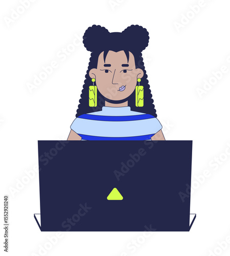 Stylish latina woman with long earrings typing laptop 2D cartoon character. Web designer. Confident hispanic female developer coding flat vector person isolated on white. Spot illustration colorful
