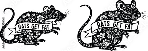 Intricate floral pattern rat illustrations with banner saying Rats Get Fat graphics