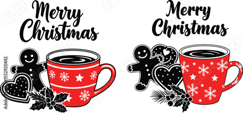 Merry Christmas lettering with hot drink mug, holly leaves, gingerbread cookies holiday cliparts