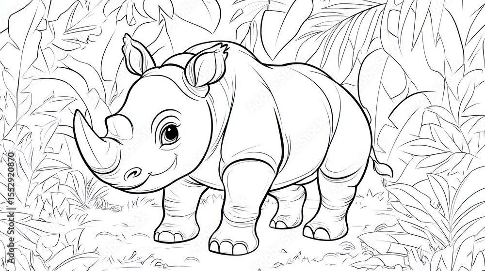 Fototapeta premium Baby rhino in jungle scene