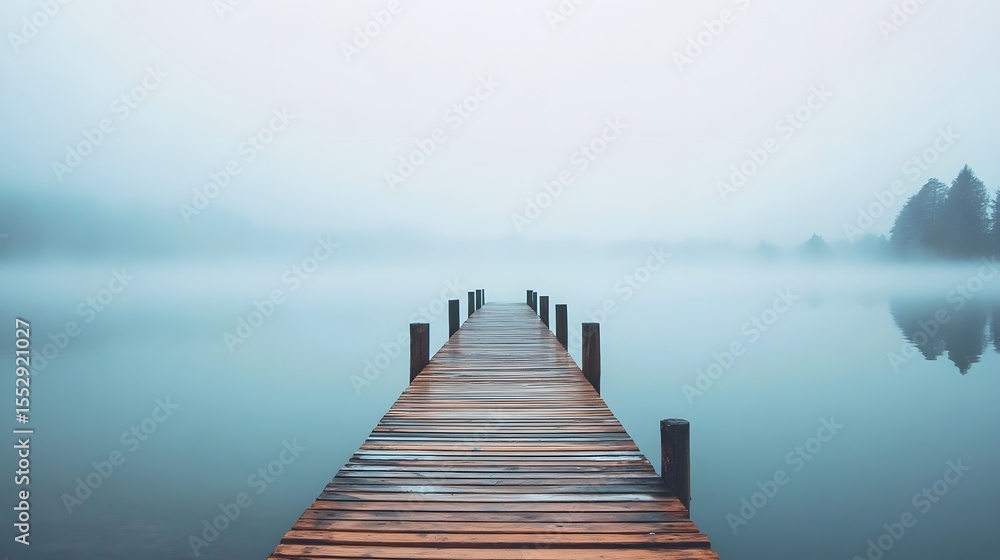 Obraz premium Serene dock at sunrise surrounded by misty water and mountains creating a tranquil and picturesque landscape for relaxation