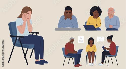 Mental health concept with people illustrating the consultation and assistance process.