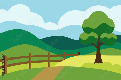 Green vector landscape with trees, hills, and mountains under a blue sky, illustrating summer countryside scenery