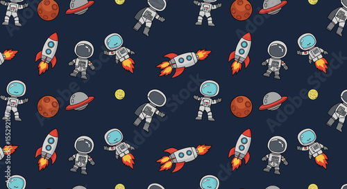 Cartoon Style Space Adventure Seamless Pattern with Astronauts and Planets