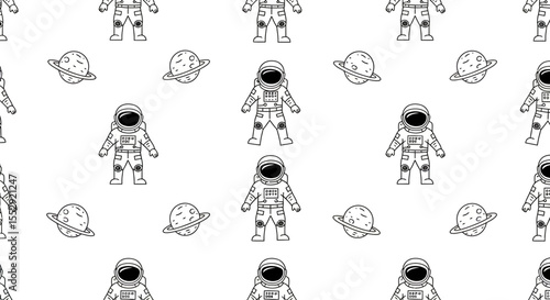 Simple Outline Spaceman and Planet Seamless Repeatable Pattern Design