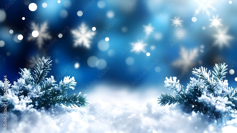Blue Christmas Background with Snowflakes and Pine Branches rest in Snow Blue Christmas Background with Snowflakes and Pine Branches rest in Snow