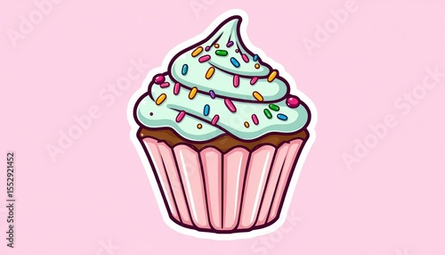 Whimsical colorful cupcake sticker design with sprinkles and frosting in a fun, playful style,  dessert,  background