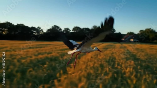 white stork flying wheat field sunset