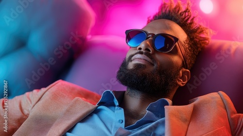 A fashionable man wearing sunglasses relaxes against a backdrop of vibrant, colorful lights, embodying a modern style and a calm demeanor in a lively environment.