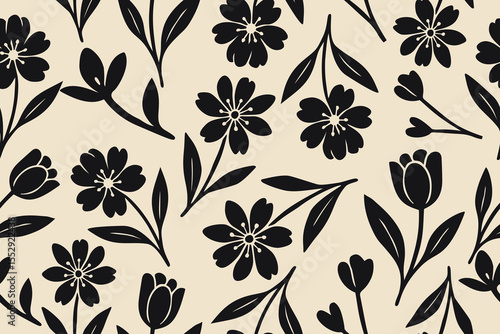 Charming black floral pattern on beige background, featuring symmetrical flowers and scattered leaves perfect for vintage-inspired fabric, stationery, or wallpaper.
