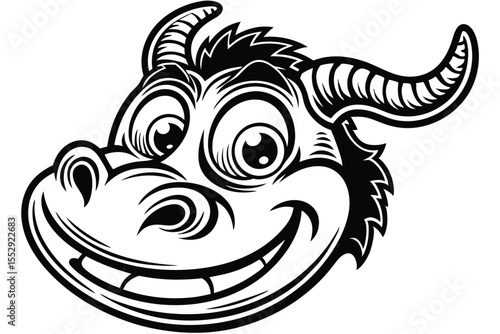 Monochrome cartoonish bull head shows big grin and horns while staring widely ahead