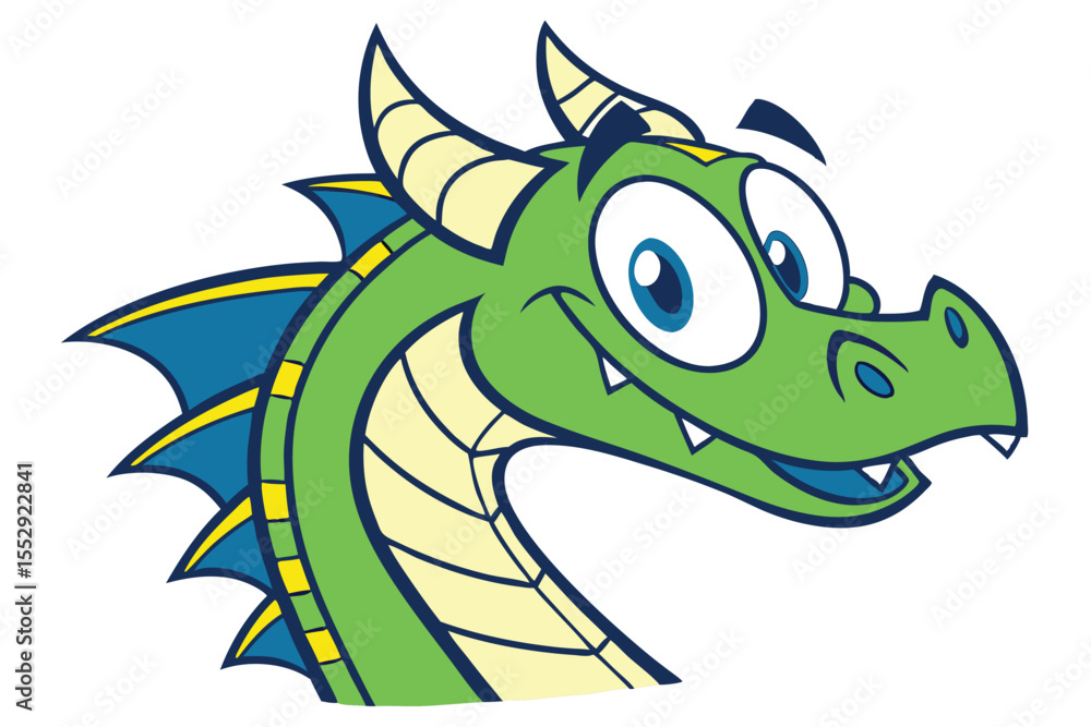 Obraz premium Friendly green cartoon dragon with horns and blue eyes smiles cheerfully at you