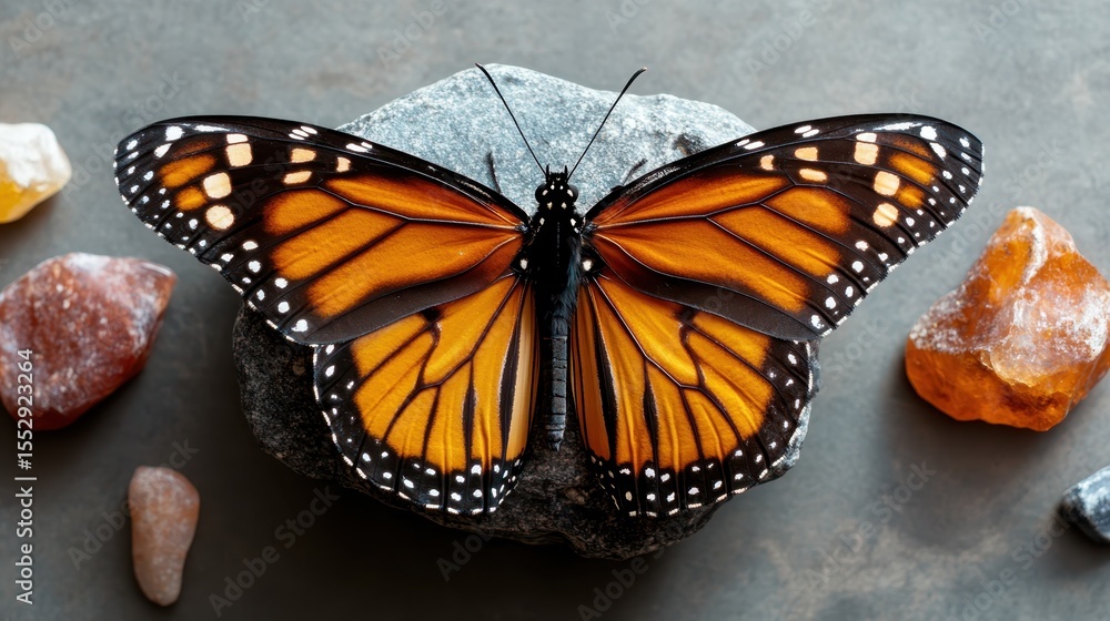 Fototapeta premium The vibrant image showcases a magnificent monarch butterfly perched on a natural stone, surrounded by colorful gems, symbolizing the beauty and transformation of nature's delicate creatures.